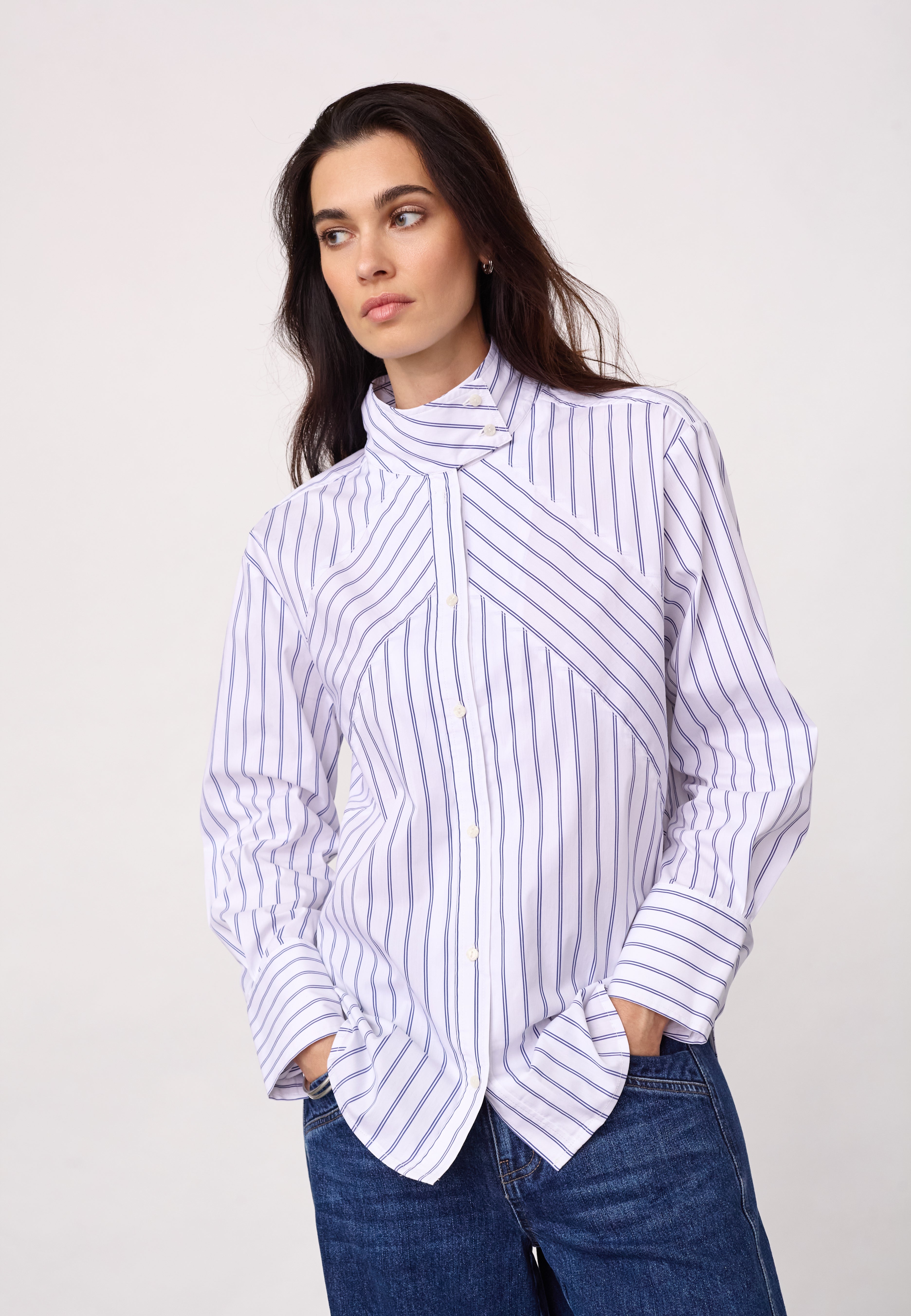 SomoCC Stripe Funnel Neck Shirt - White - Co'couture