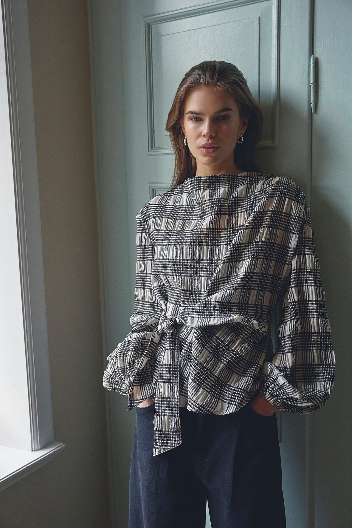 ChandlerCC Check Tie Blouse - Bone - Co'couture