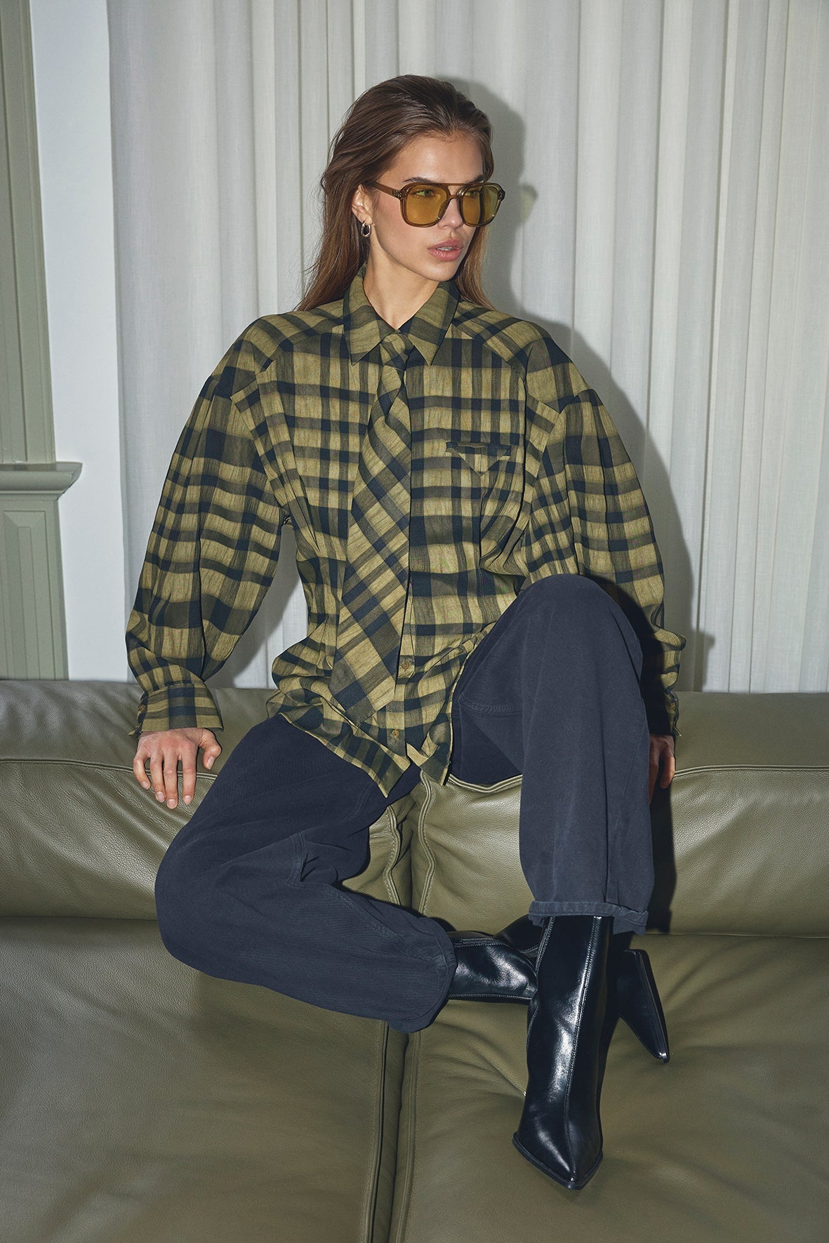 KyelCC Check Tie Pleat Shirt - Army - Co'couture